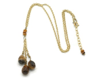 Tiger Eye Tassel Necklace 17 Inch Gold Filled Chain Three Faceted Tiger's Eye Stones