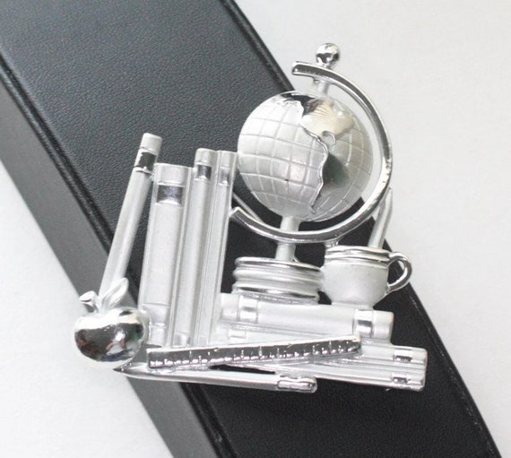 School Days Silver Tone Brooch: Globe Apple Ruler and Books