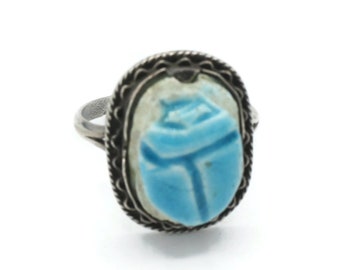 Egyptian Scarab Ring Ceramic Turquoise Color Glaze Size 7 Silver Egyptian Hallmark