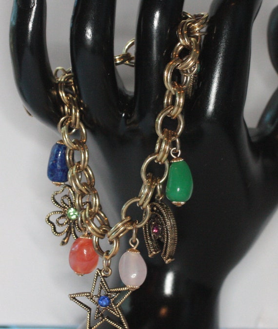 Vintage Charm Bracelet Double Chain Link Rhinesto… - image 6