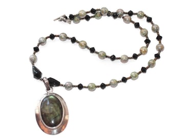 Vintage Labradorite and Sterling Pendant: Green and Black Beaded Chain, Artisan Jewelry