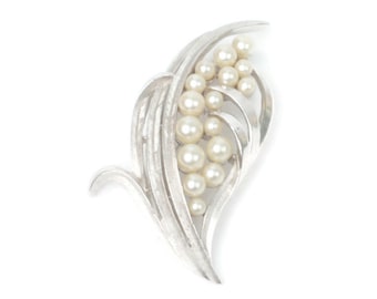 Crown Trifari Faux Pearl Foliate Brooch Silver Tone Vintage Designer Jewelry