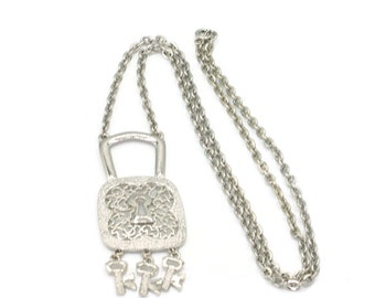 Lock and Key Necklace: Dangles, Silver Tone Retro 1980s Jewelry