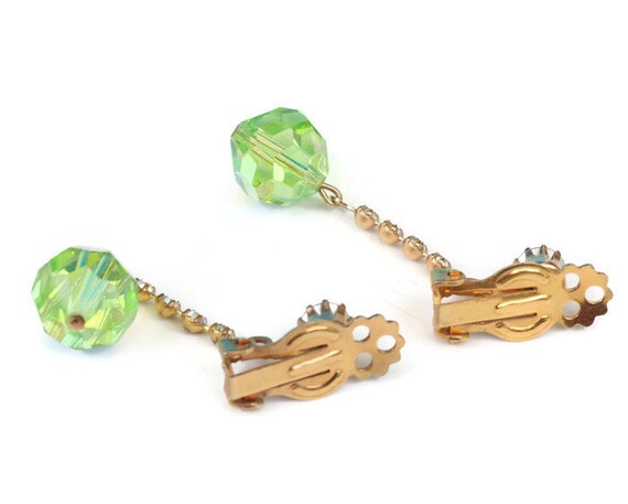 Green Aurora Borealis Crystal Dangle Earrings Cle… - image 4