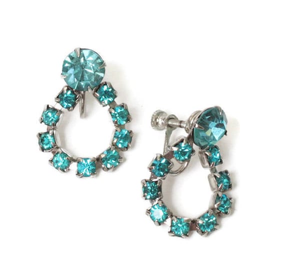 Turquoise Rhinestone Earrings  Dangle Loop Screw … - image 1