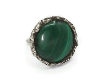 Malachite and Sterling Brutalist Style Ring Artisan Hand Crafted Size 7 US