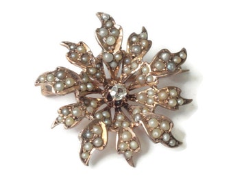 Victorian 10K Gold Starburst Pin Seed Pearls Diamond Dimensional Smaller One Inch Antique Pin