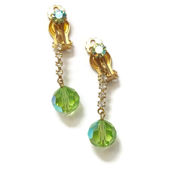 Green Aurora Borealis Crystal Dangle Earrings Cle… - image 2