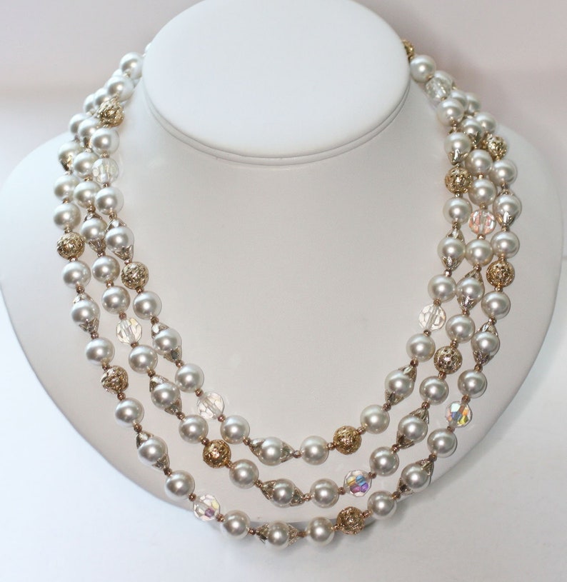 Aurora Borealis Crystal Bead Necklace Faux Pearls Japan Three Strand Necklace Wedding Necklace