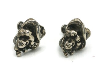 Sterling Silver Gibson Girl Screw Back Earrings 3 Dimensional Victorian Lady with Hat Figural Earrings