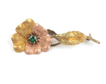 Victorian 14K Floral Brooch Pin Simulated Faux Emerald Yellow Rose Gold  Antique Over 2 Inches Long 8 Grams