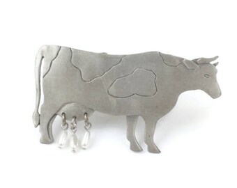 Vintage JJ Cow Brooch: Pewter Tone, Faux Pearl Dangles, Book Piece