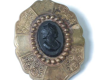 Victorian Black Cameo Brooch: Female Profile, Chased Setting, Antique Pin