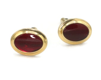 Gold Filled Oval Cufflinks Red Cabochon Signed Correct Mid Century Dress Wear Special Occasion