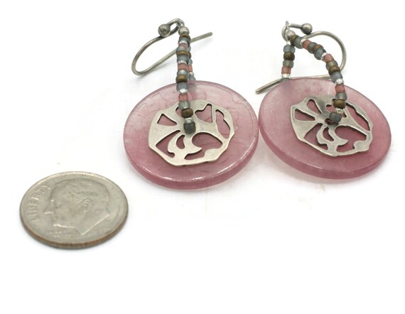 Etched Pink Glass Disc Earrings with Sterling Sil… - image 2
