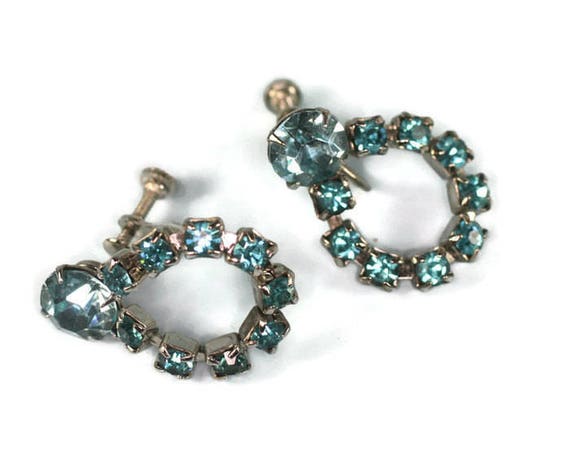 Turquoise Rhinestone Earrings  Dangle Loop Screw … - image 3
