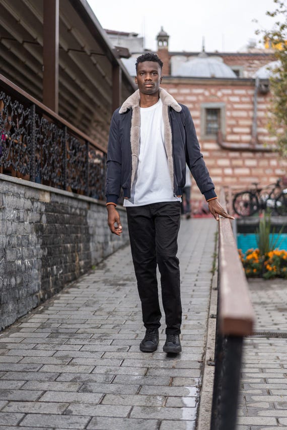 Stylish Black Raincoat for Men With Luxurious Fur Trim, Premium