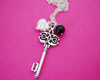 Long Black Pearl Vintage Key Charm Necklace
