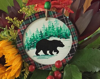 Black Bear Ornament , Fine Art, Hand Painted, Wooden Disc