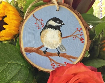 Chickadee, Bird Wood Slice Ornament,  Hand-Painted