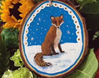 Red Fox Wood Slice Ornament, Hand-Painted