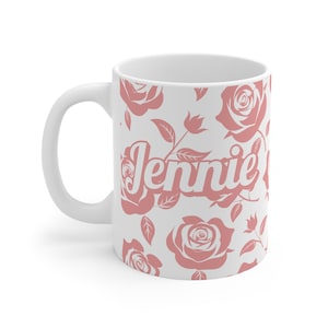 Personalised Rose Mug, Custom Name Floral Coffee Mug 11oz, Gift for Her