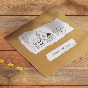 Carte New Home personnalisée et durable. Dessiné individuellement à la main sur du carton recyclé. Le message sur le devant peut être personnalisé pour le nouveau propriétaire !