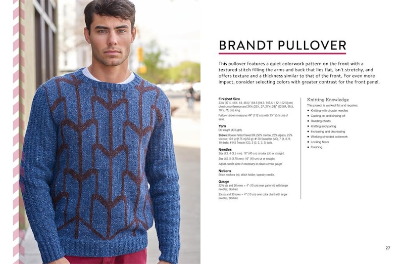 Puede incluir: Un jersey azul con un patr&oacute;n geom&eacute;trico en un tono marr&oacute;n m&aacute;s oscuro. El su&eacute;ter tiene cuello redondo y lo lleva una persona. El texto "BRANDT PULLOVER" es visible en la imagen.