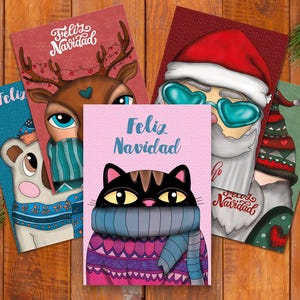 Set van 5 digitale kerstkaarten, bedrukbaar met dieren, kabouter en kerstman, om te versieren, te geven of te feliciteren