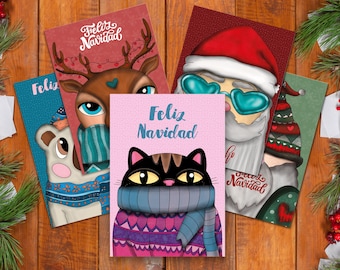 Set 5 postales navideñas imprimibles | animales adorables, gnomo y Papá Noel | tarjetas de Navidad digitales | descarga inmediata | Navidad