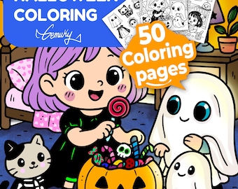 50 Cute Halloween Coloring Pages | Kawaii Coloring Book for Kids & Adults | Ghosts, Witches, Pumpkins | Printable Digital Download PDF + PNG