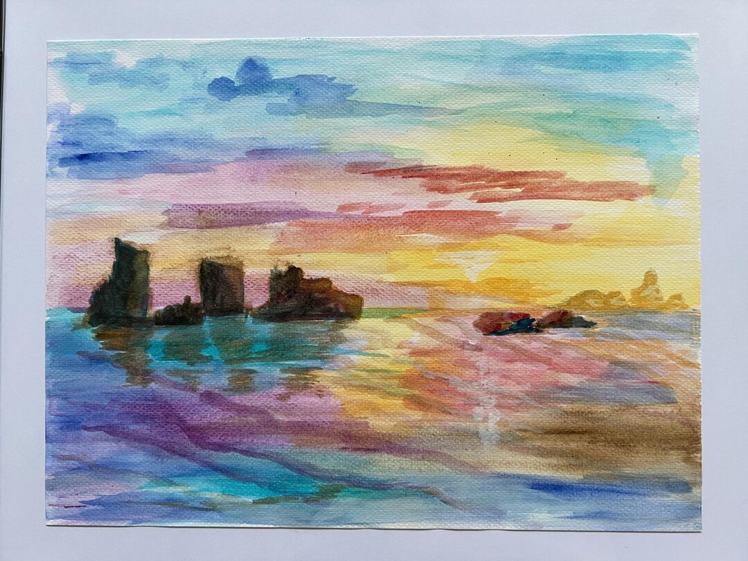 水彩画「海岸の風景」 海岸の風景の水彩画 - Etsy 日本