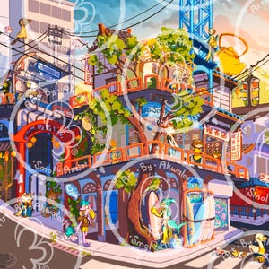 Art Print -E Crosswind Ave- (summer poster, Japan inspired, cityscape, beach inspired art, summertime landscape, fruit colorful city art)