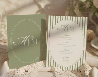 Menu weselne: Dekoracja stołu w pastelowych kolorach szałwiowej zieleni i matchy, stare pieniądze (Canva Editable, 5x7)