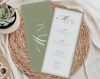 Menu weselne: Dekoracja stołu w pastelowych kolorach szałwiowej zieleni i matchy, stare pieniądze (Canva Editable, 4x9)