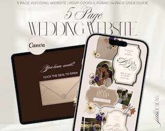 Espresso Brown Wedding Website: Interactive RSVP Form, 5 Page Website, Canva Editable, Instant Download