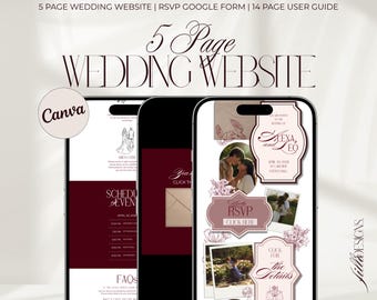 Burgunder alte Geldhochzeits-Website: Interaktives Antwortschreiben-Formular, 5-seitige Website, Canva bearbeitbar, Sofort-Download