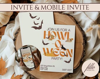 Szablon zaproszenia na imprezę halloweenową: Howl-o-ween Dog Invite i Evite (Canva Editable, 5x7)