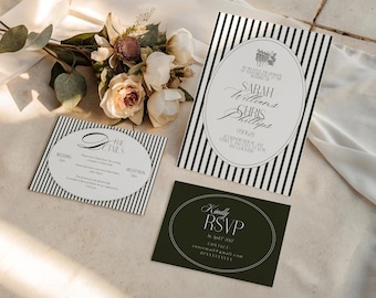 Luxus altes Geld Hochzeitseinladung: Olivgrün Streifen Vorlage (Canva, Instant Download)