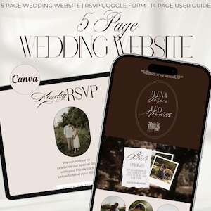 Puede incluir: Una maqueta digital de un diseño de sitio web de bodas que se muestra en una tableta y un teléfono inteligente. La tableta muestra un formulario RSVP con una foto de una pareja. El teléfono inteligente muestra la página de inicio del sitio web con los nombres de la pareja y los detalles de la boda. El texto incluye "5 Page Wedding Website" y "Kindly RSVP".