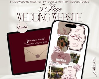 Burgundy Old Money Wedding Website: Interactive RSVP Form, 5 Page Website, Canva Editable, Instant Download