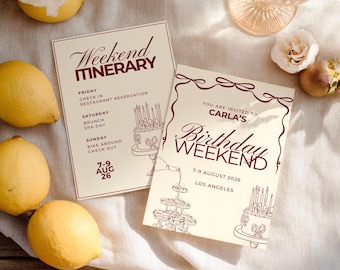 Bearbeitbare Geburtstagseinladung und Reiseplan: Burgundy Yellow (Canva-Vorlage, Sofort-Download)