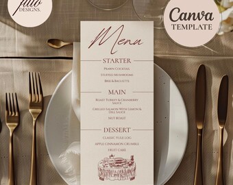 Dinner Party Menu Template Benutzerdefiniertes Menü Bearbeitbare Anpassbare Getränke Hochzeit Verlobung Mahlzeit