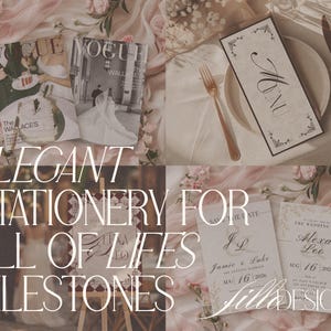 May include: An elegant stationery display featuring wedding invitations, a menu, and Vogue magazines. The menu card has a floral border and the word "Menu". The invitations include the names Jamie & Luke and Alexa Leo, with the date August 16, 2026.