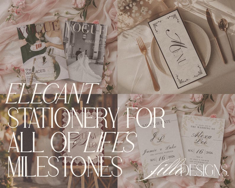 May include: An elegant stationery display featuring wedding invitations, a menu, and Vogue magazines. The menu card has a floral border and the word "Menu". The invitations include the names Jamie & Luke and Alexa Leo, with the date August 16, 2026.