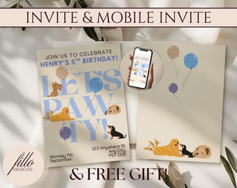 Szablon zaproszenia na przyjęcie urodzinowe dla chłopców: Pawty Dog Invite i Evite (Canva Editable, 5x7)