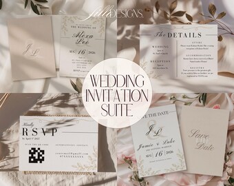 Minimal Beige Wedding Invitation Suite: Editable Canva Template