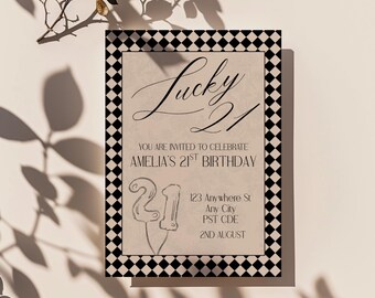21. Geburtstagseinladungsvorlage: Lucky 21, schwarz kariertes Thema (Canva bearbeitbar, digitaler Download)