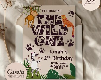 Safari-Geburtstagseinladungsvorlage: The Wild One Theme (Canva Editierbar, 5x7, digitaler Download)