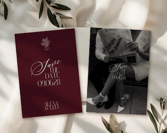 Save the Date-huwelijksuitnodiging: bordeauxrood klassiek roodwit (bewerkbaar op canvas)